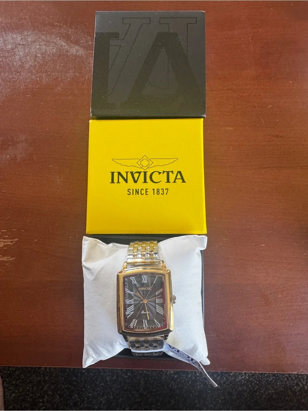 Invicta Men’s Rectangular Gold Tone Quartz Watch Black Roman Numeral Dial